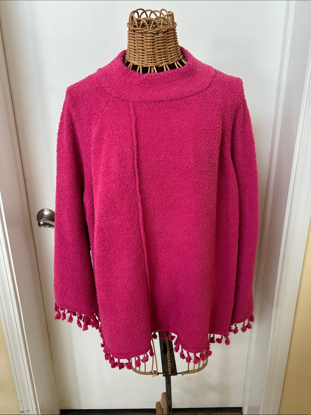 Cozy Fuchsia Tassel-Hem Poncho Sweater